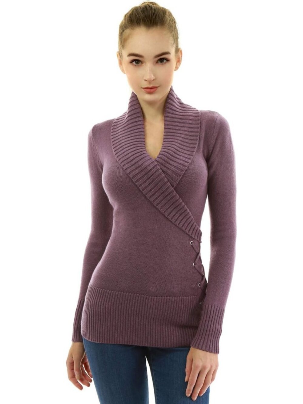 Slim Fit Casual Shawl Collar Faux Wrap Long Sleeve Sweater - Sexy Lace Up Design
